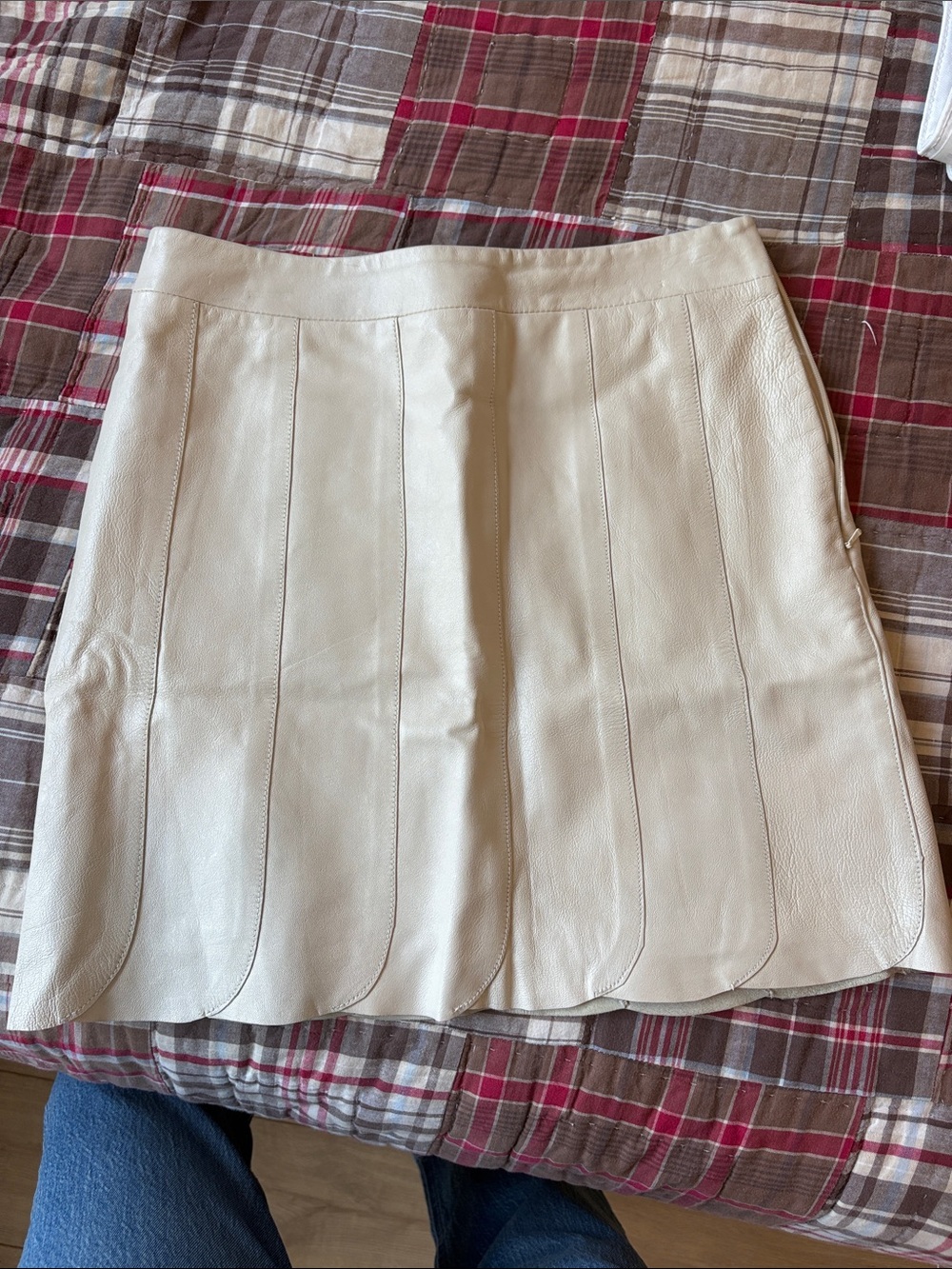 Cream Leather Mini Skirt with Panel Stitching